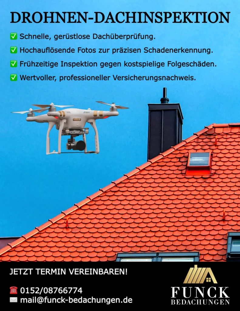 Flyer für Drohnen-Dachinspektionen von Funck-Bedachungen, Ihrem Dachdecker aus Rheinberg und Umgebung